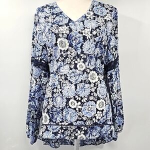 Jones NY Batik Floral Indigo Blue Tunic w Cutout Embroidered Detail‎